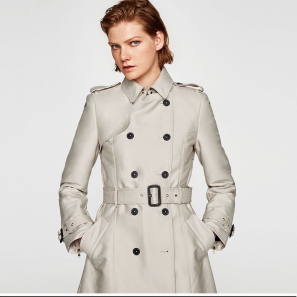 Zara Beige Double Breasted, Knee Length Trench Coat - Size S